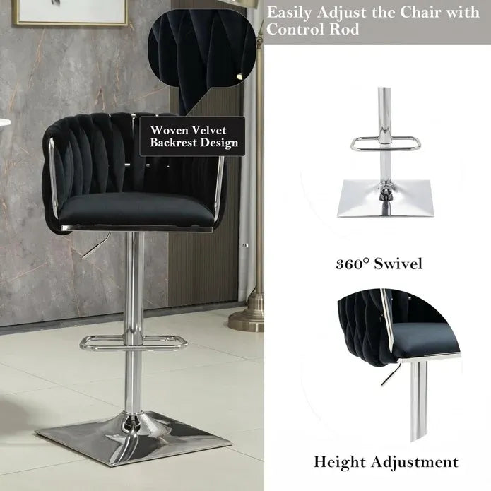 SERENITà Modern Velvet Breakfast Bar Stools Swivel Barstools Adjustable Counter Stools with Backrest (Silver-Black)-Furniture > Bar Stools &amp; Chairs > Table &amp; Bar Stools-PEROZ Accessories