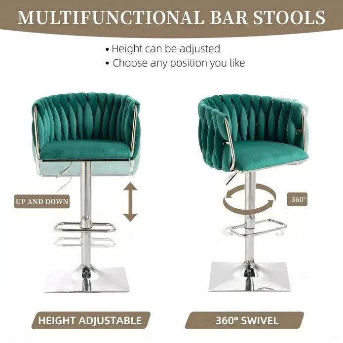 SERENITà Modern Velvet Breakfast Bar Stools Swivel Barstools Adjustable Counter Stools with Backrest (Silver-Emarald Green)