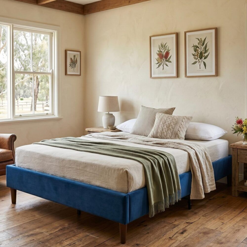 Velvet Blue Bed Frame – Double-Furniture > Bedroom > Beds &amp; Bed Frames-PEROZ Accessories