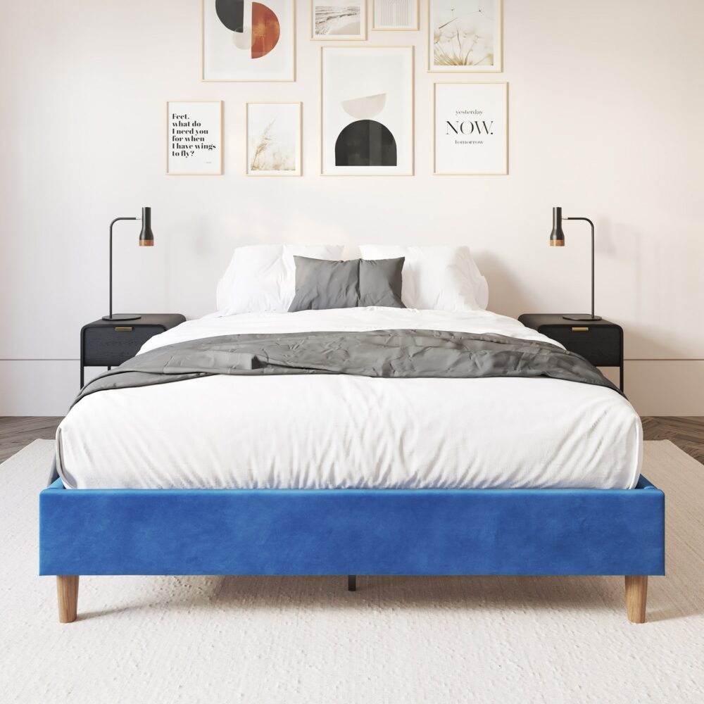 Velvet Blue Bed Frame – Double-Furniture &gt; Bedroom &gt; Beds &amp; Bed Frames-PEROZ Accessories