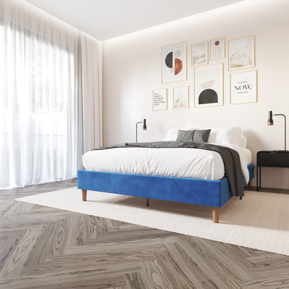 Velvet Blue Bed Frame – Double-Furniture &gt; Bedroom &gt; Beds &amp; Bed Frames-PEROZ Accessories