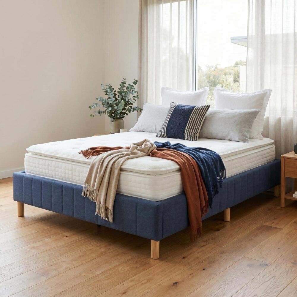 Metal Bed Frame Mattress Foundation Blue – Double-Furniture > Bedroom > Beds &amp; Bed Frames-PEROZ Accessories