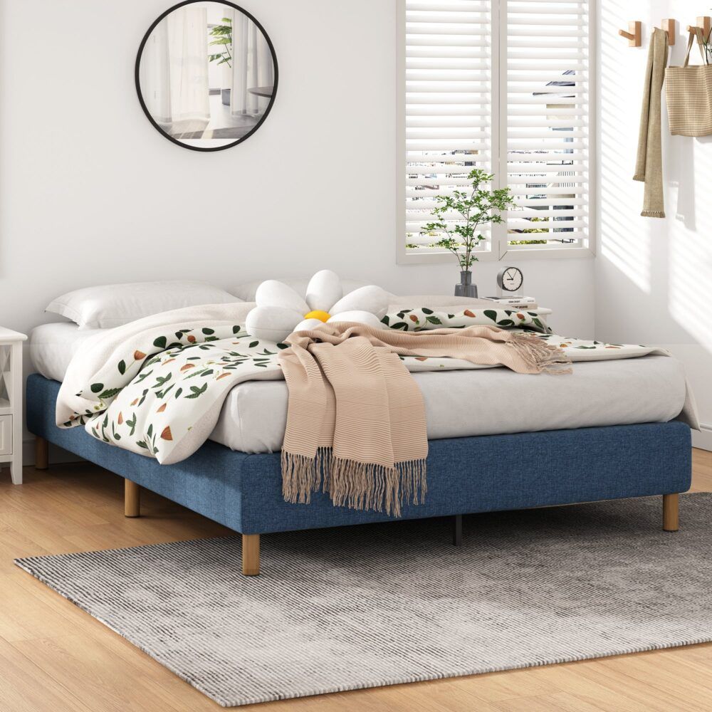 Metal Bed Frame Mattress Foundation Blue – Queen-Furniture > Bedroom > Beds &amp; Bed Frames-PEROZ Accessories