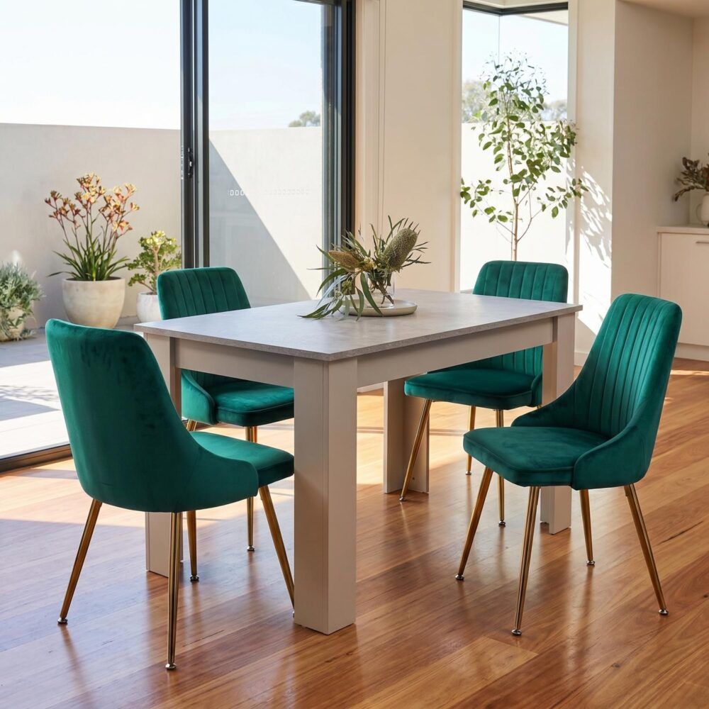 Grey Rectangular Dining Table with 4x Green Velvet Chairs-Furniture > Dining > Dining Set-PEROZ Accessories