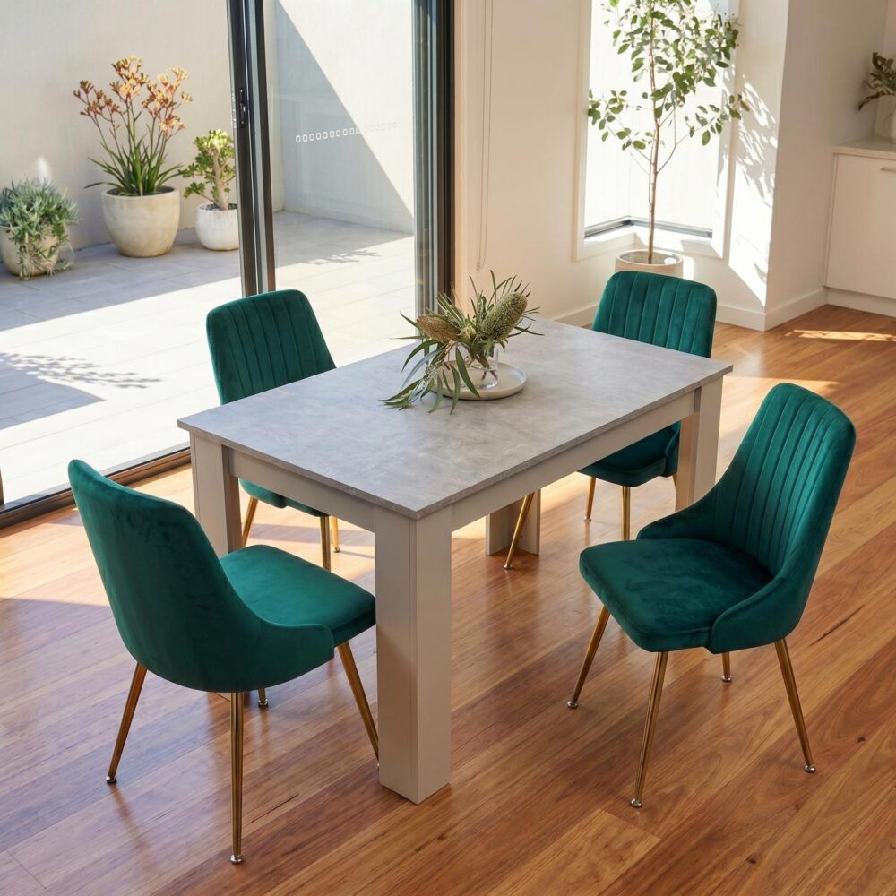 Grey Rectangular Dining Table with 4x Green Velvet Chairs-Furniture > Dining > Dining Set-PEROZ Accessories