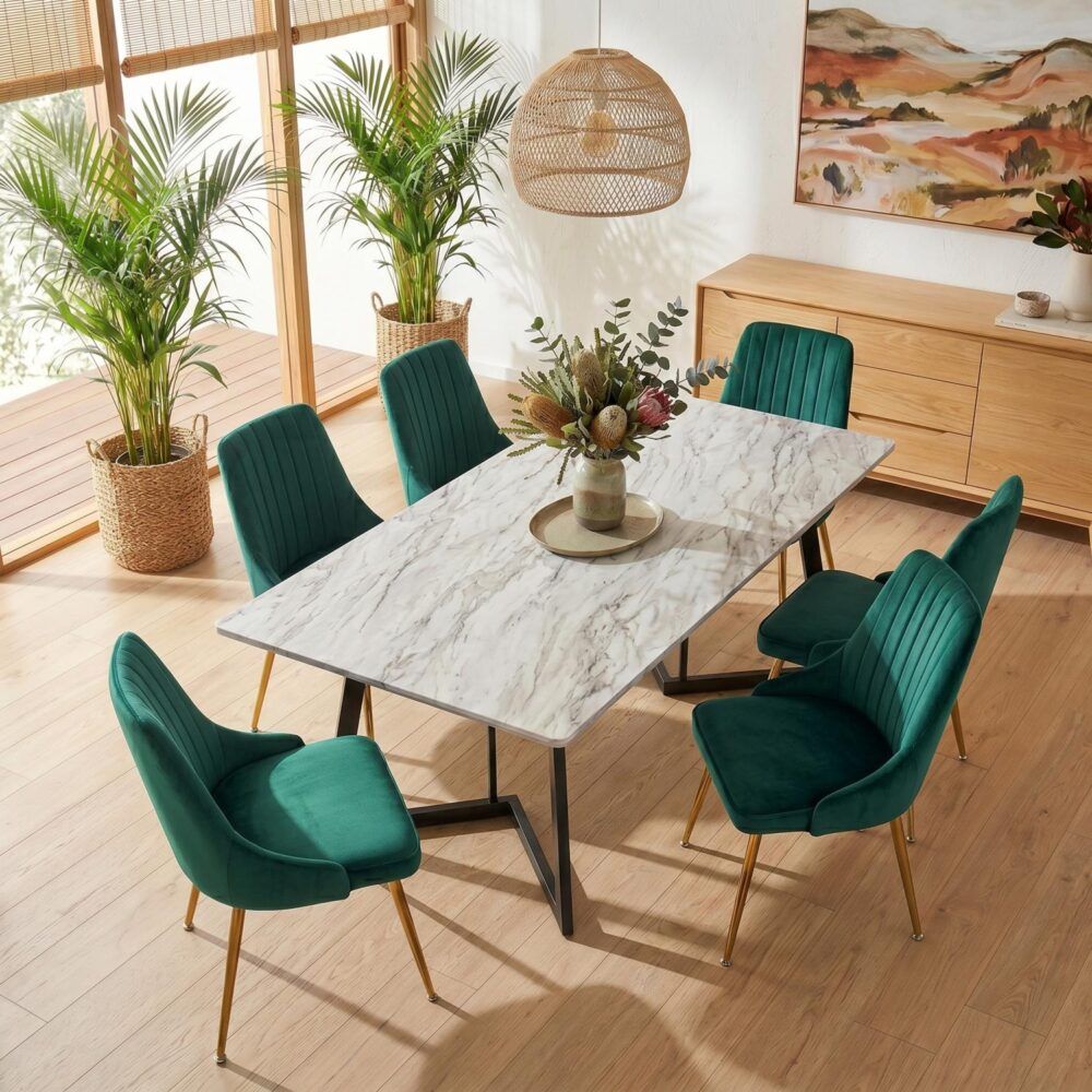 Marbleous Green Velvet Dining Set-Furniture > Dining > Dining Set-PEROZ Accessories