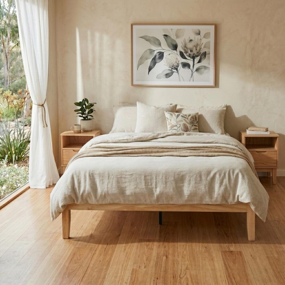 Warm Wooden Natural Bed Base Frame – Double-Furniture > Bedroom > Beds &amp; Bed Frames-PEROZ Accessories