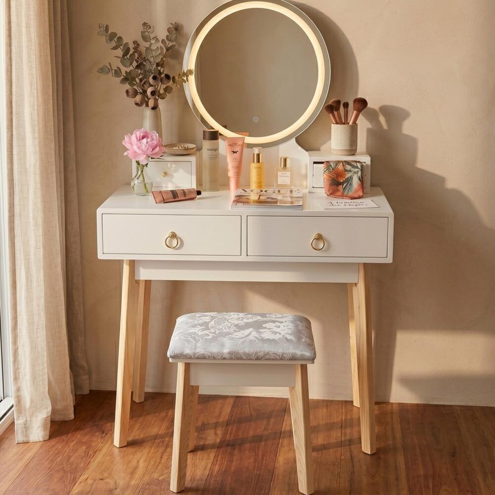 Dressing Vanity Table Stool Set with Make-up LED Lighted Mirror-White-Furniture > Bedroom > Dressing Vanity &amp; Dressing Tables-PEROZ Accessories