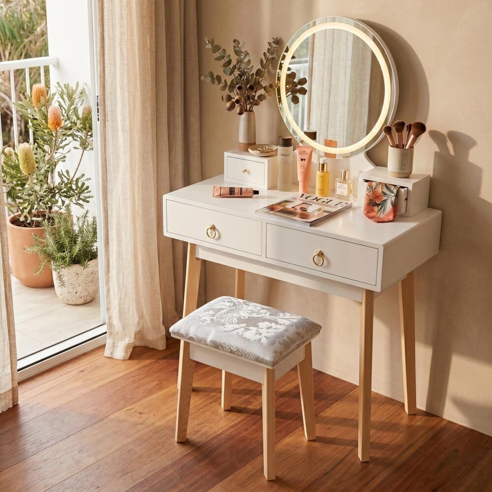 Dressing Vanity Table Stool Set with Make-up LED Lighted Mirror-White-Furniture > Bedroom > Dressing Vanity &amp; Dressing Tables-PEROZ Accessories