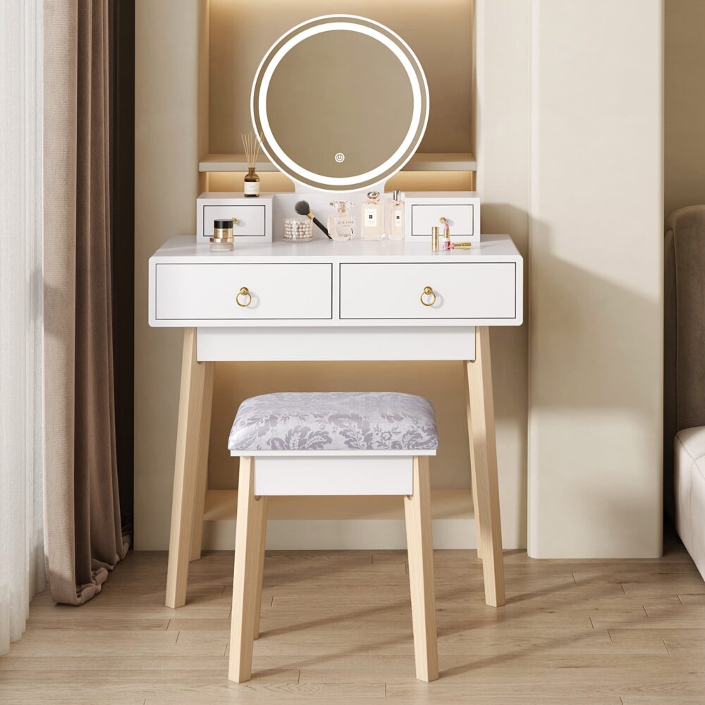 Dressing Vanity Table Stool Set with Make-up LED Lighted Mirror-White-Furniture &gt; Bedroom &gt; Dressing Vanity &amp; Dressing Tables-PEROZ Accessories