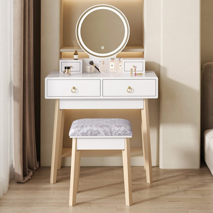 Dressing Vanity Table Stool Set with Make-up LED Lighted Mirror-White-Furniture &gt; Bedroom &gt; Dressing Vanity &amp; Dressing Tables-PEROZ Accessories