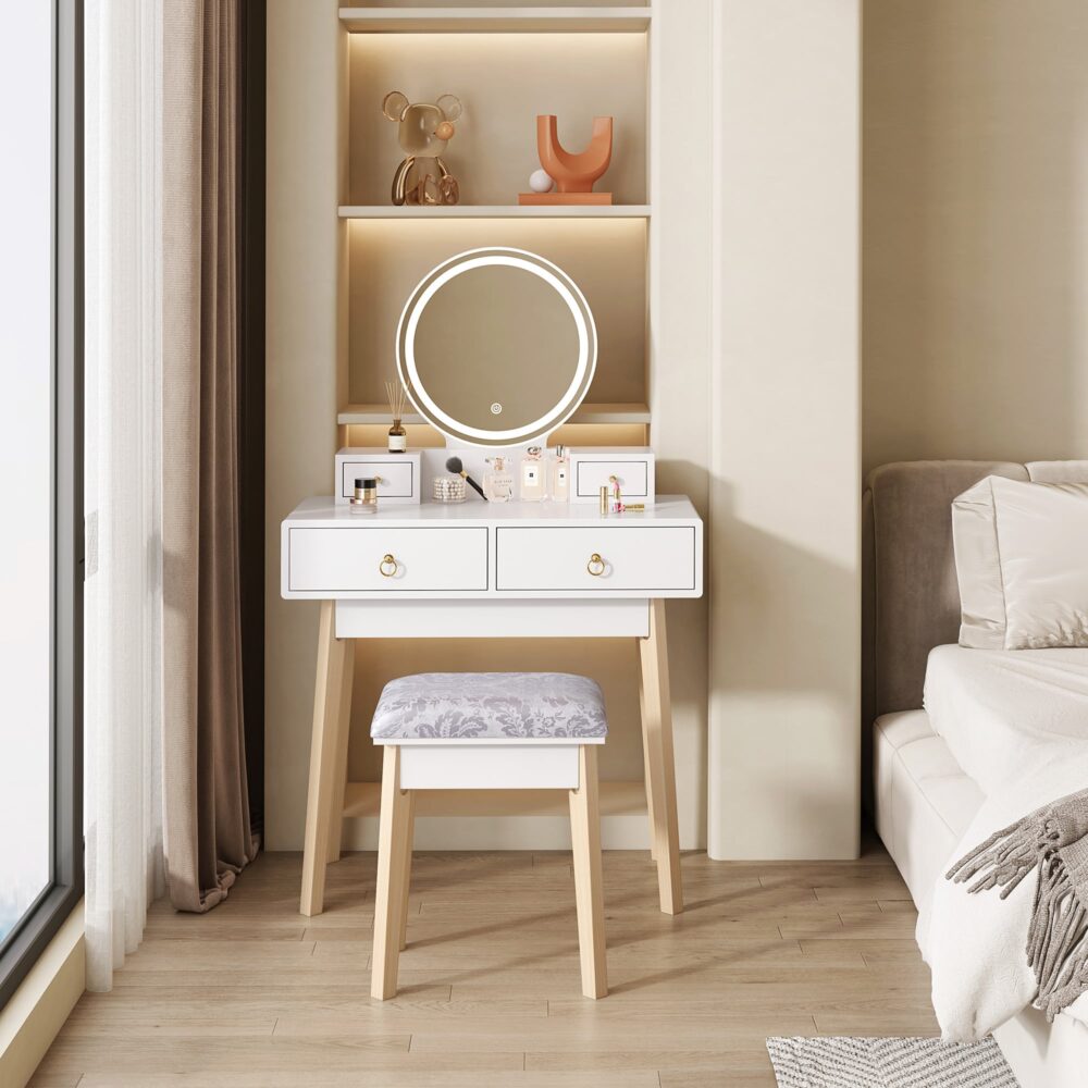 Dressing Vanity Table Stool Set with Make-up LED Lighted Mirror-White-Furniture &gt; Bedroom &gt; Dressing Vanity &amp; Dressing Tables-PEROZ Accessories