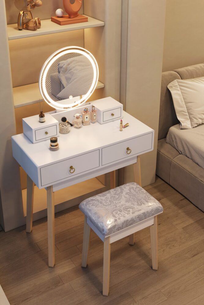 Dressing Vanity Table Stool Set with Make-up LED Lighted Mirror-White-Furniture &gt; Bedroom &gt; Dressing Vanity &amp; Dressing Tables-PEROZ Accessories