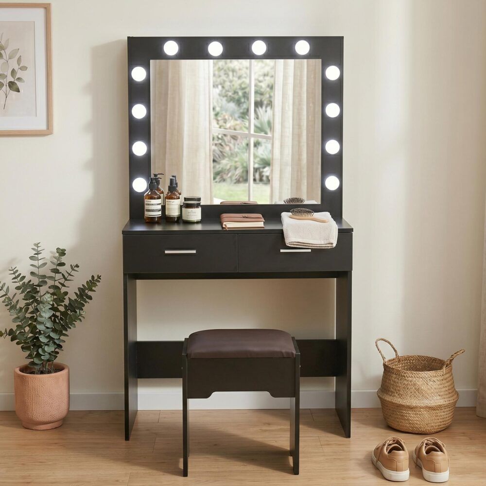 Fidel Vanity Set with Cushioned Stool and Lighted Mirror- Black-Dressing Tables-PEROZ Accessories