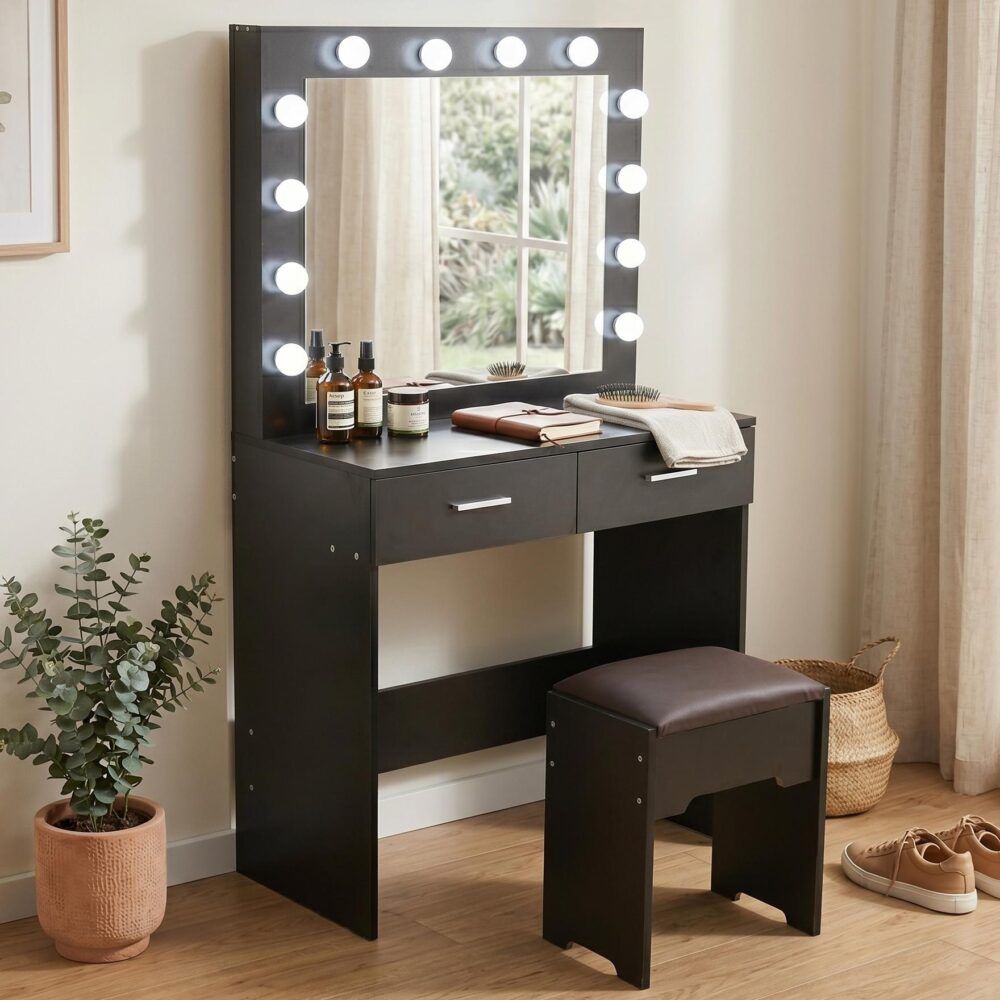 Fidel Vanity Set with Cushioned Stool and Lighted Mirror- Black-Dressing Tables-PEROZ Accessories