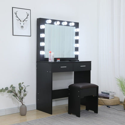 Fidel Vanity Set with Cushioned Stool and Lighted Mirror- Black-Dressing Tables-PEROZ Accessories