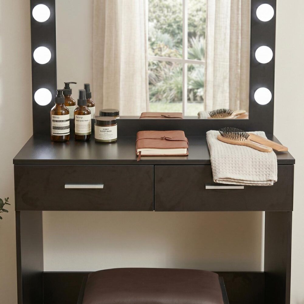 Fidel Vanity Set with Cushioned Stool and Lighted Mirror- Black-Dressing Tables-PEROZ Accessories