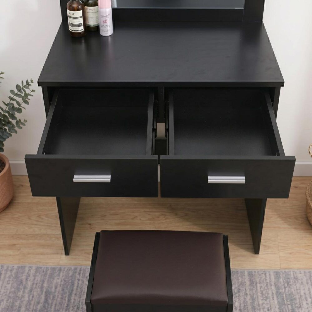 Fidel Vanity Set with Cushioned Stool and Lighted Mirror- Black-Dressing Tables-PEROZ Accessories