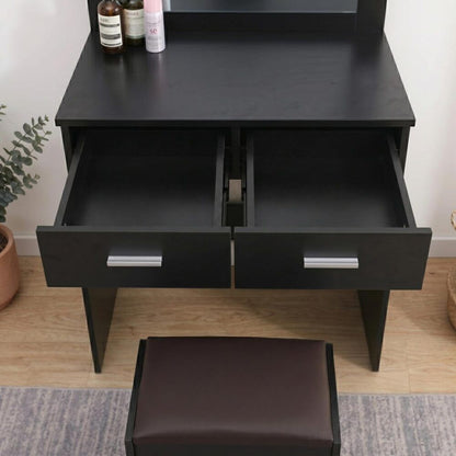 Fidel Vanity Set with Cushioned Stool and Lighted Mirror- Black-Dressing Tables-PEROZ Accessories