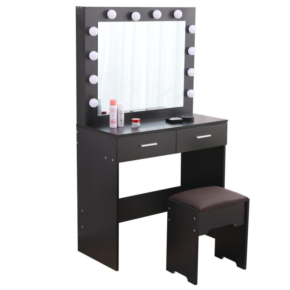 Fidel Vanity Set with Cushioned Stool and Lighted Mirror- Black-Dressing Tables-PEROZ Accessories