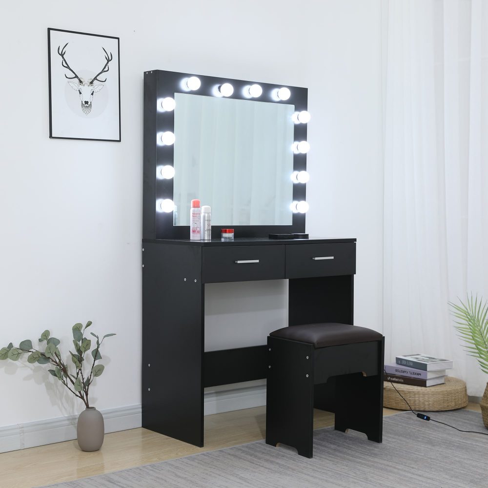 Fidel Vanity Set with Cushioned Stool and Lighted Mirror- Black-Dressing Tables-PEROZ Accessories