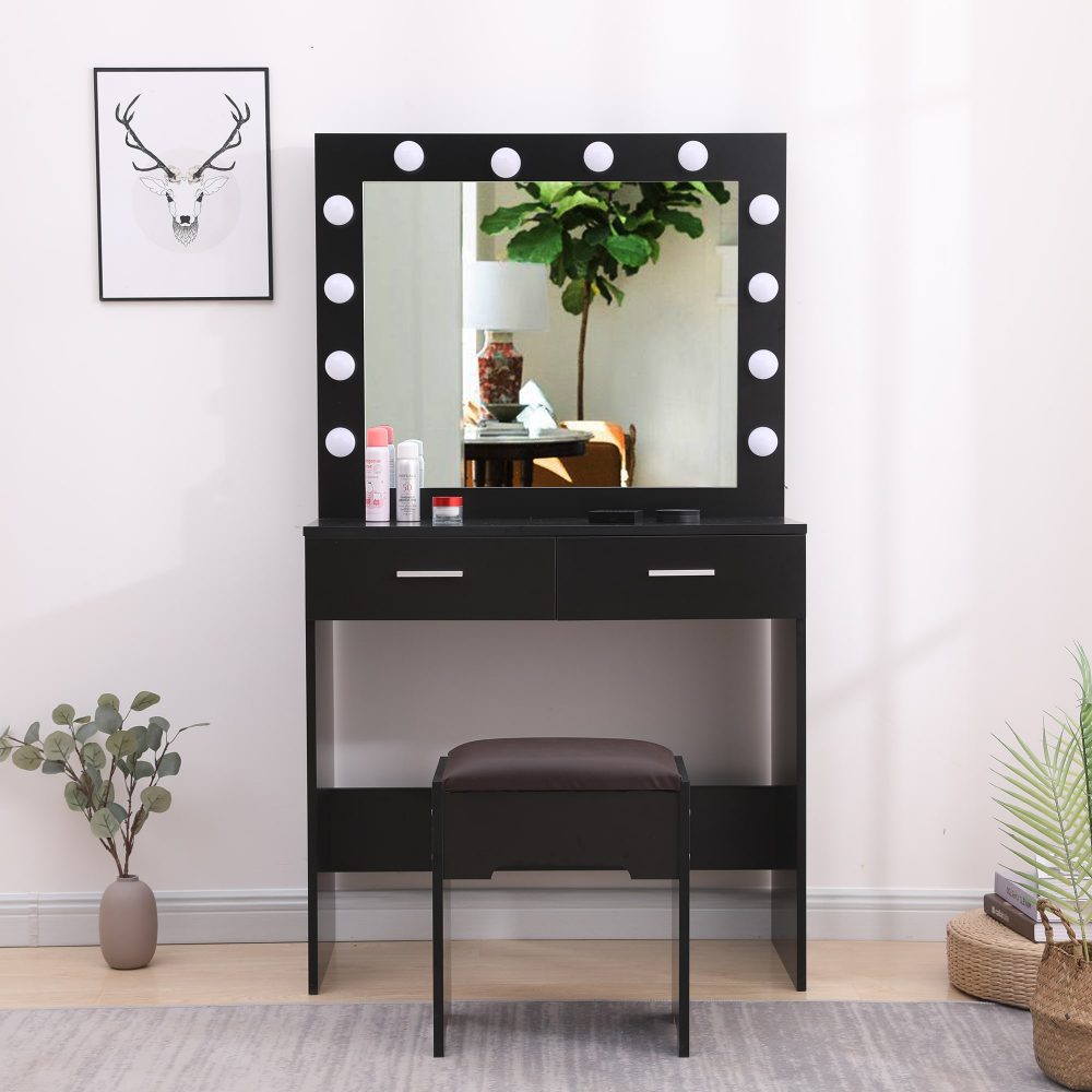 Fidel Vanity Set with Cushioned Stool and Lighted Mirror- Black-Dressing Tables-PEROZ Accessories