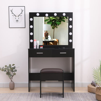Fidel Vanity Set with Cushioned Stool and Lighted Mirror- Black-Dressing Tables-PEROZ Accessories