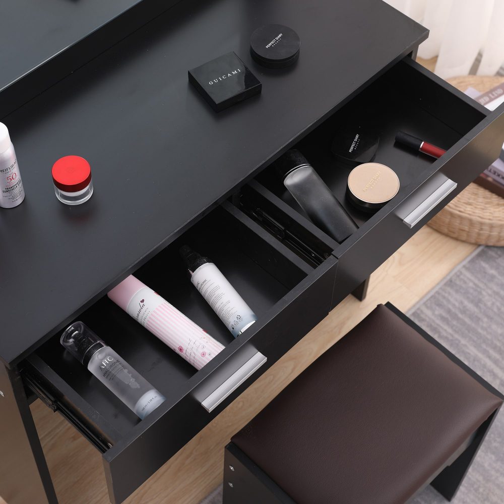 Fidel Vanity Set with Cushioned Stool and Lighted Mirror- Black-Dressing Tables-PEROZ Accessories