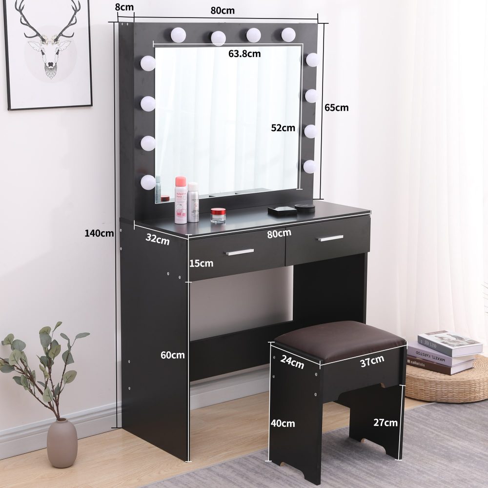 Fidel Vanity Set with Cushioned Stool and Lighted Mirror- Black-Dressing Tables-PEROZ Accessories