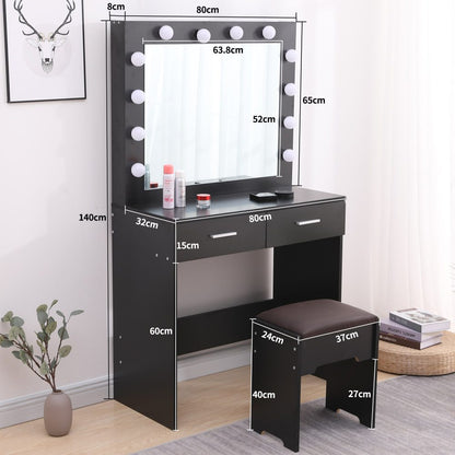 Fidel Vanity Set with Cushioned Stool and Lighted Mirror- Black-Dressing Tables-PEROZ Accessories