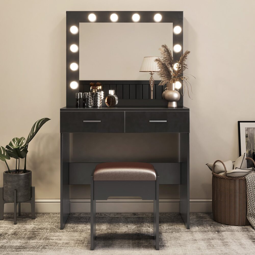Fidel Vanity Set with Cushioned Stool and Lighted Mirror- Black-Dressing Tables-PEROZ Accessories