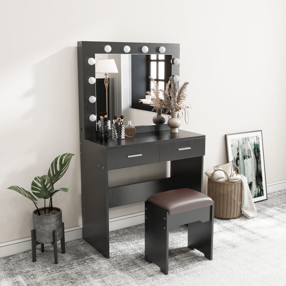 Fidel Vanity Set with Cushioned Stool and Lighted Mirror- Black-Dressing Tables-PEROZ Accessories