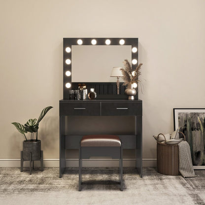 Fidel Vanity Set with Cushioned Stool and Lighted Mirror- Black-Dressing Tables-PEROZ Accessories