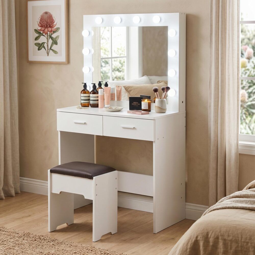 Fidel Vanity Set with Cushioned Stool and Lighted Mirror- White-Dressing Tables-PEROZ Accessories