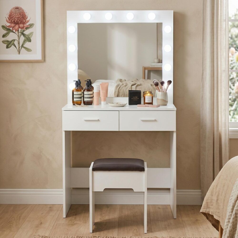 Fidel Vanity Set with Cushioned Stool and Lighted Mirror- White-Dressing Tables-PEROZ Accessories