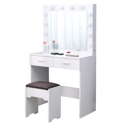 Fidel Vanity Set with Cushioned Stool and Lighted Mirror- White-Dressing Tables-PEROZ Accessories