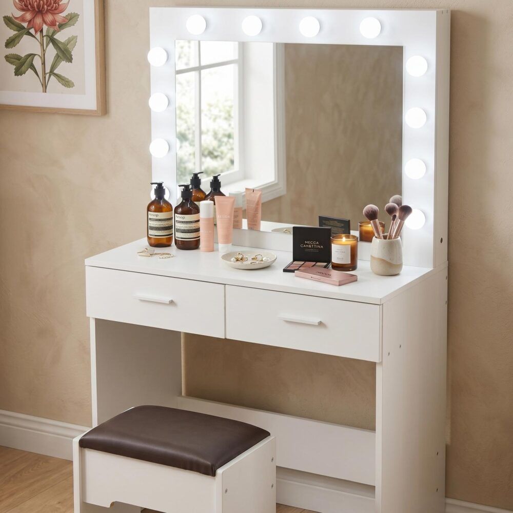 Fidel Vanity Set with Cushioned Stool and Lighted Mirror- White-Dressing Tables-PEROZ Accessories