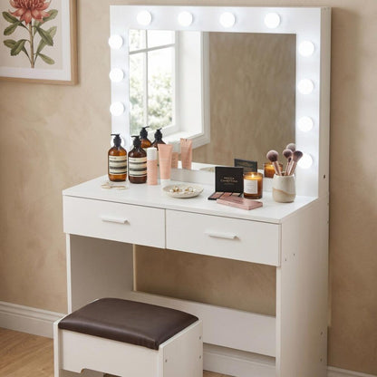 Fidel Vanity Set with Cushioned Stool and Lighted Mirror- White-Dressing Tables-PEROZ Accessories