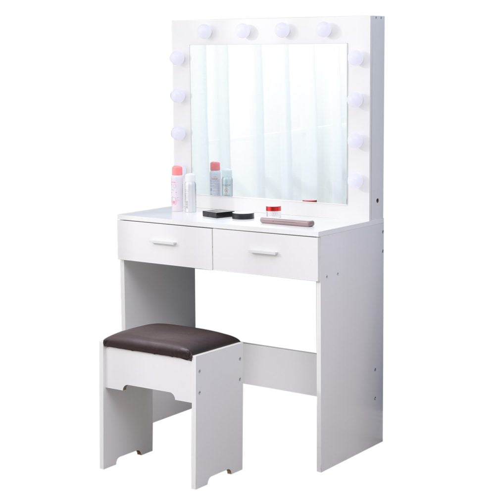 Fidel Vanity Set with Cushioned Stool and Lighted Mirror- White-Dressing Tables-PEROZ Accessories