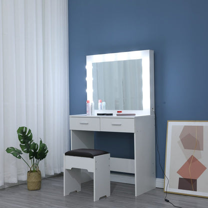 Fidel Vanity Set with Cushioned Stool and Lighted Mirror- White-Dressing Tables-PEROZ Accessories