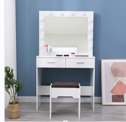 Fidel Vanity Set with Cushioned Stool and Lighted Mirror- White-Dressing Tables-PEROZ Accessories
