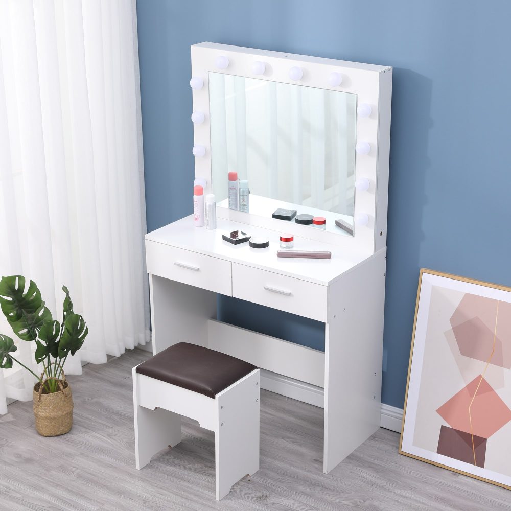 Fidel Vanity Set with Cushioned Stool and Lighted Mirror- White-Dressing Tables-PEROZ Accessories