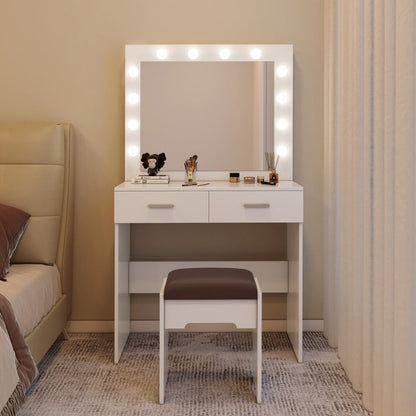 Fidel Vanity Set with Cushioned Stool and Lighted Mirror- White-Dressing Tables-PEROZ Accessories