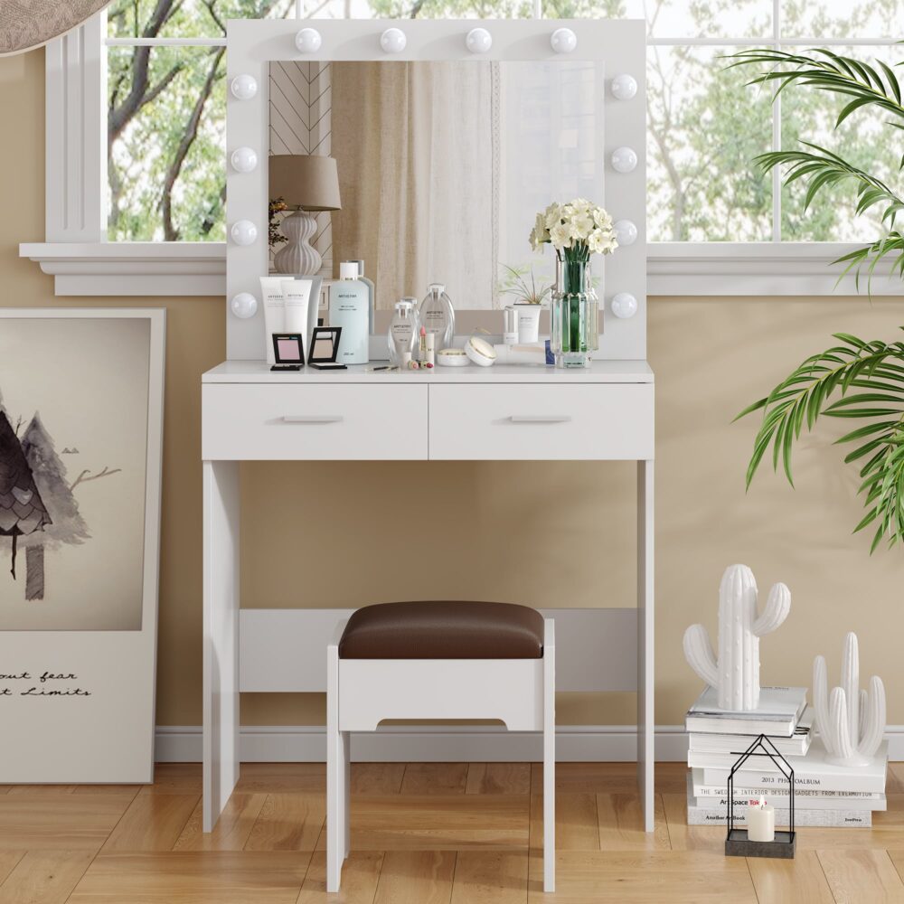 Fidel Vanity Set with Cushioned Stool and Lighted Mirror- White-Dressing Tables-PEROZ Accessories