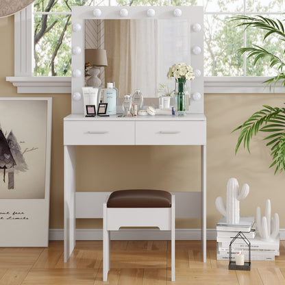 Fidel Vanity Set with Cushioned Stool and Lighted Mirror- White-Dressing Tables-PEROZ Accessories