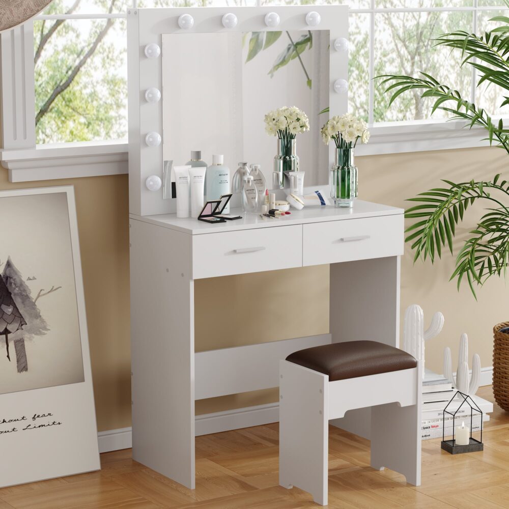 Fidel Vanity Set with Cushioned Stool and Lighted Mirror- White-Dressing Tables-PEROZ Accessories