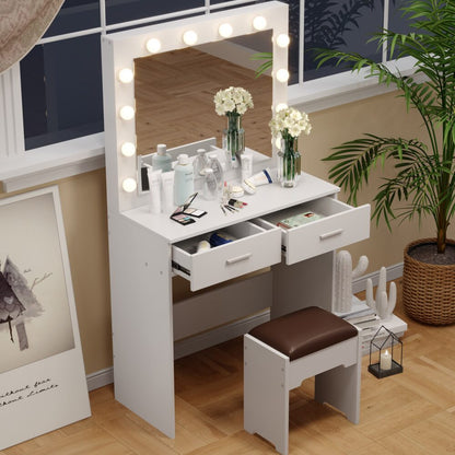 Fidel Vanity Set with Cushioned Stool and Lighted Mirror- White-Dressing Tables-PEROZ Accessories