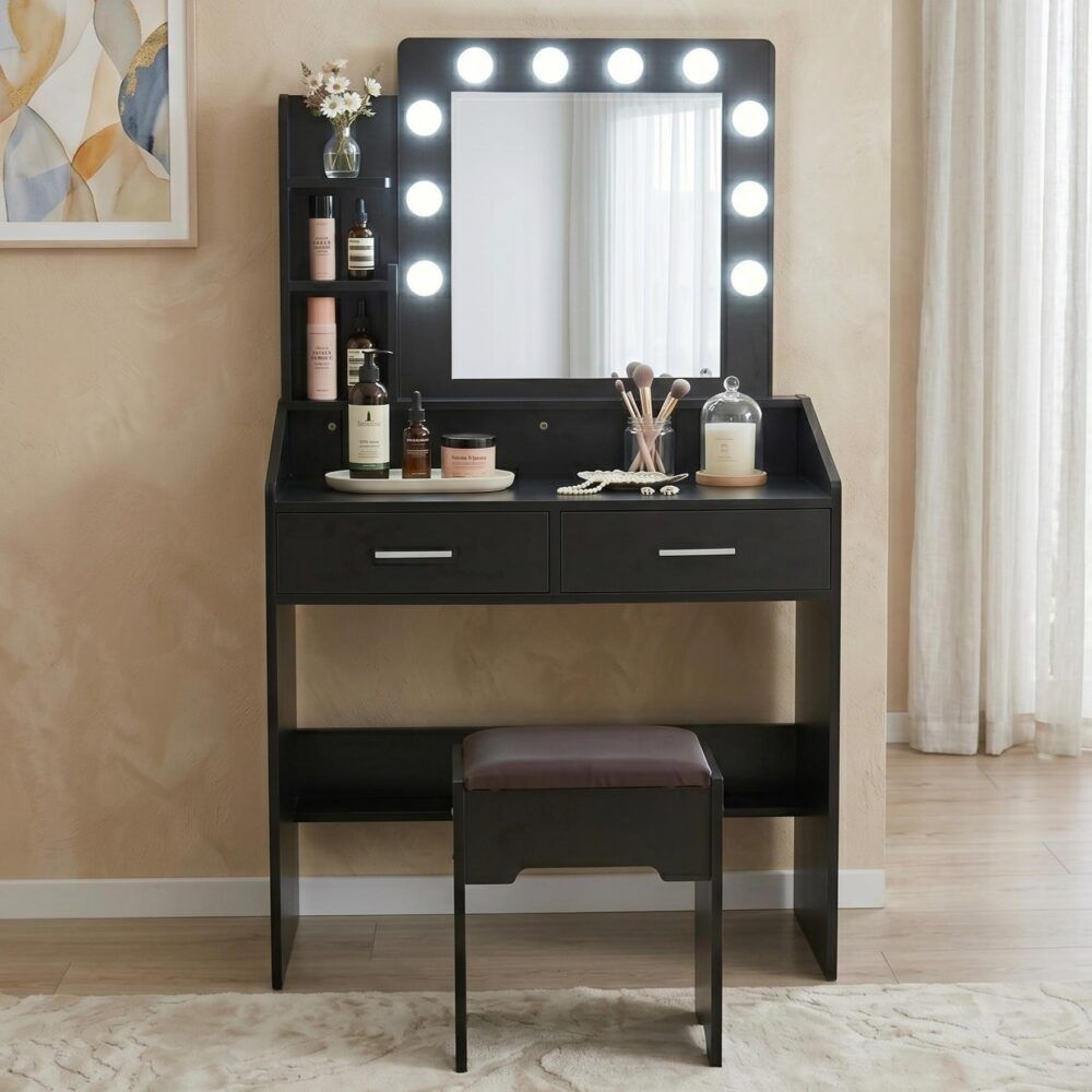 Diana Vanity Set with Shelves Cushioned Stool and Lighted Mirror- Black-Furniture > Bedroom-PEROZ Accessories