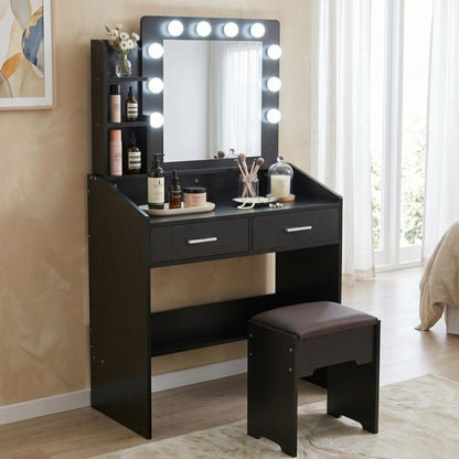Diana Vanity Set with Shelves Cushioned Stool and Lighted Mirror- Black-Furniture > Bedroom-PEROZ Accessories