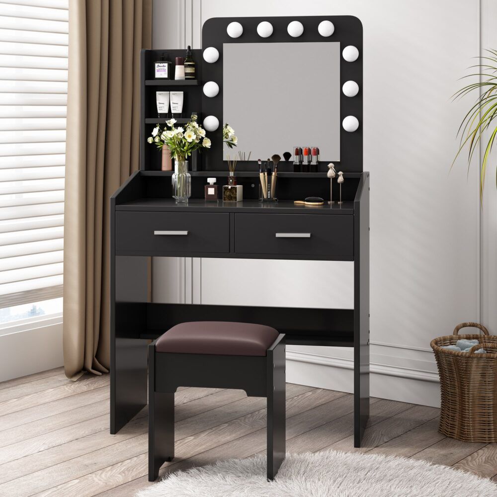 Diana Vanity Set with Shelves Cushioned Stool and Lighted Mirror- Black-Furniture > Bedroom-PEROZ Accessories